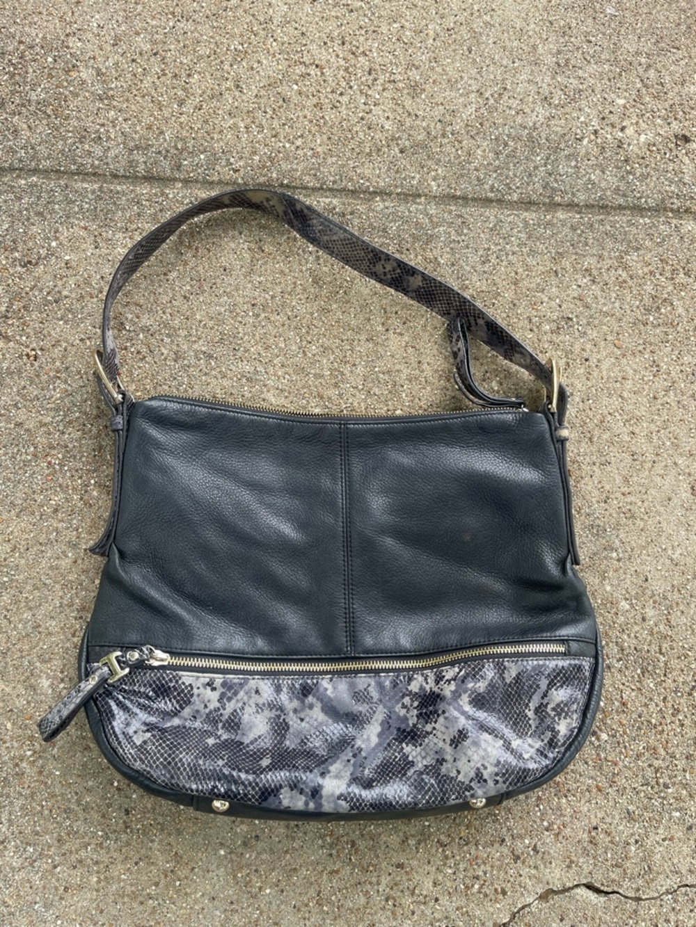 Black Leather Shoulder Bag with Snake-Print Trim